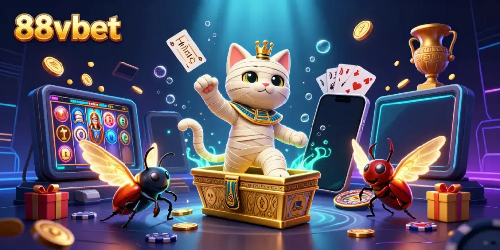 Spin the reels at 88vbet featuring a vibrant illustration of a casino scene with unique characters.