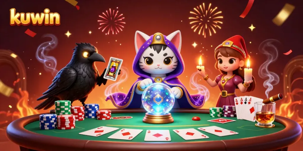 Experience kuwin at a vibrant casino scene with a mystical cat, raven, and poker elements.
