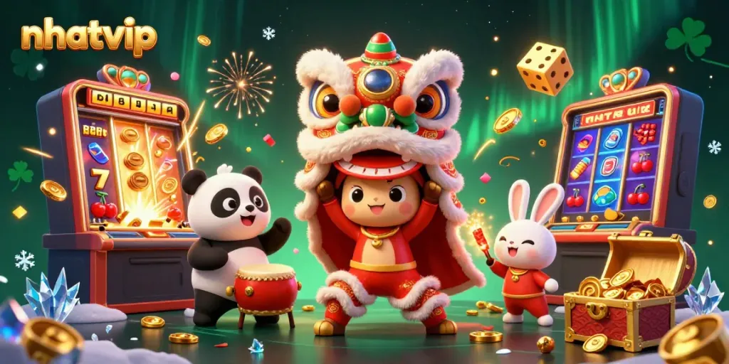 Nhatvip's exciting gaming scene with vibrant characters celebrating amid casino elements