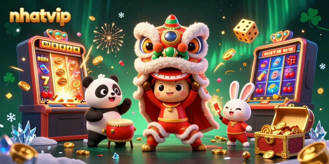 Nhatvip's exciting gaming scene with vibrant characters celebrating amid casino elements