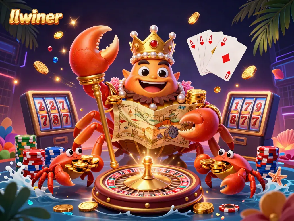 Experience the grandeur of llwiner's online casino atmosphere with a vibrant 3D crab emperor and treasure map.