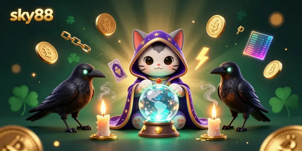 Engage with sky88's immersive casino atmosphere featuring a mystic cat, tarot raven, and vibrant game elements.