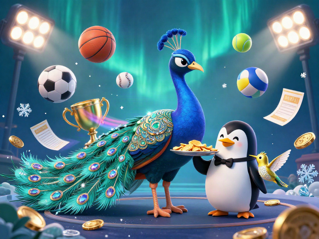 Experience the thrill of B52 Club gaming with an aristocratic peacock and friends amidst dynamic sports elements and golden trophies.