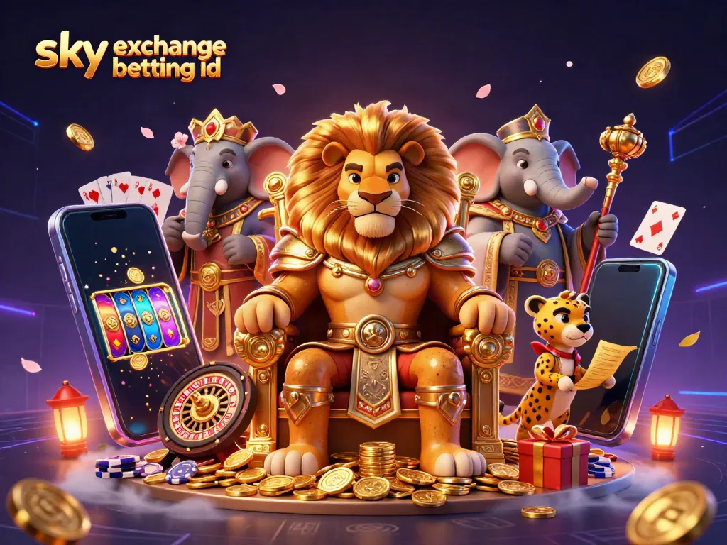 Engage with the exhilarating atmosphere of sky exchange betting id featuring a lion king, elephant advisor, and cheetah messenger in a vibrant casino scene.