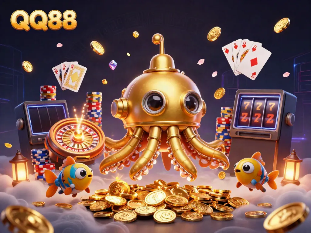 Experience QQ88's thrilling gaming atmosphere with a kraken submarine amidst golden coins and casino elements.