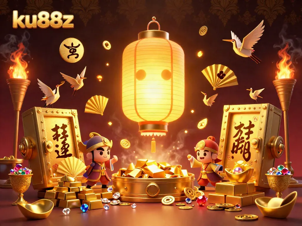 Engage with the vibrant casino spirit of ku88z, featuring a glowing lantern and golden treasures in an exciting atmosphere.