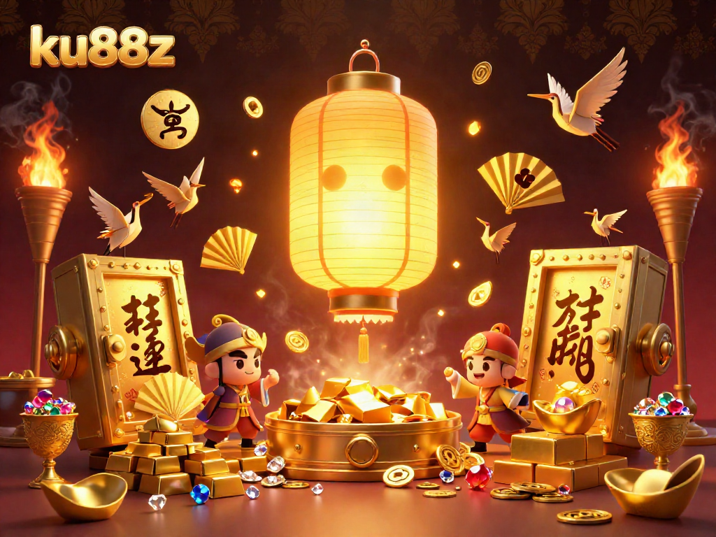 Engage with the vibrant casino spirit of ku88z, featuring a glowing lantern and golden treasures in an exciting atmosphere.