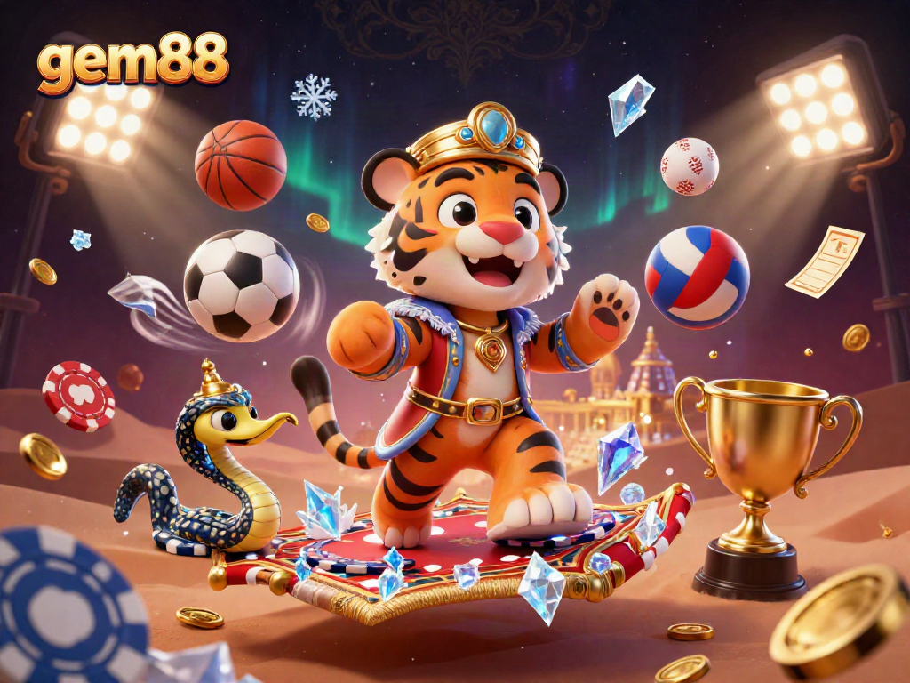 Experience the thrill of gem88 with a vibrant 3D illustration of a tiger sultan on a poker chip carpet, amidst dynamic sports elements.