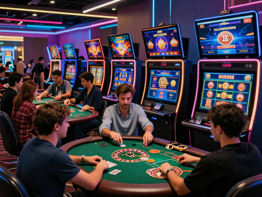 Casinò online esteri: atmosfera vivace con giocatori impegnati in giochi virtuali come roulette e slot machine.