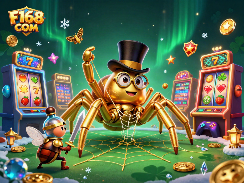 Engage with the exciting world of F168 COM featuring a golden tarantula spinning a jackpot web.