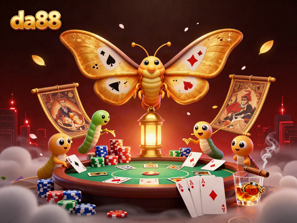 Experience the excitement of da88 as a majestic moth and casino elements illuminate a vibrant gaming scene.
