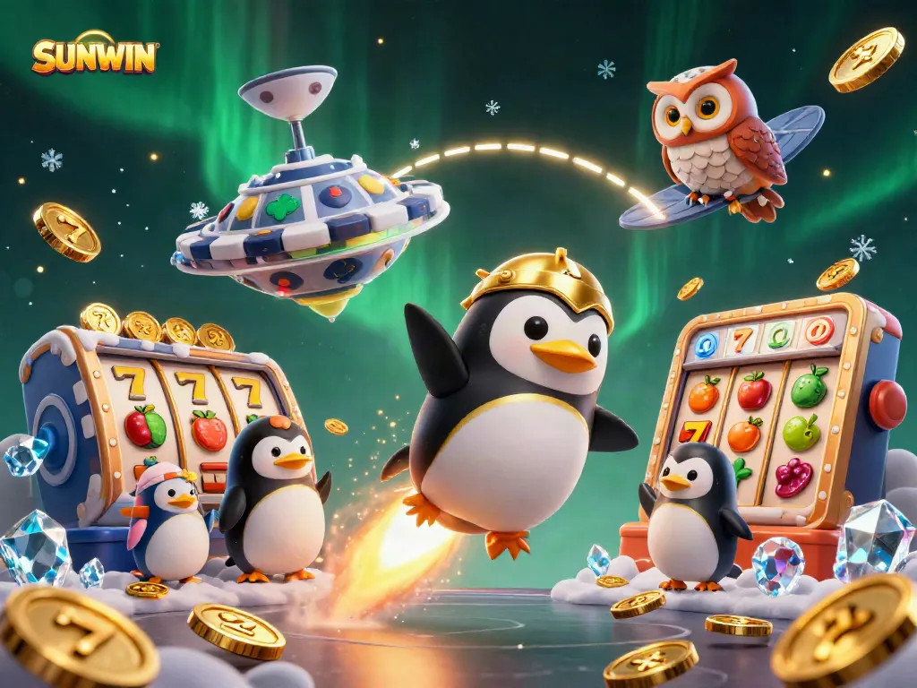 Experience thrilling gaming with SUNWIN as a golden penguin rockets to a jackpot in a vibrant casino space.