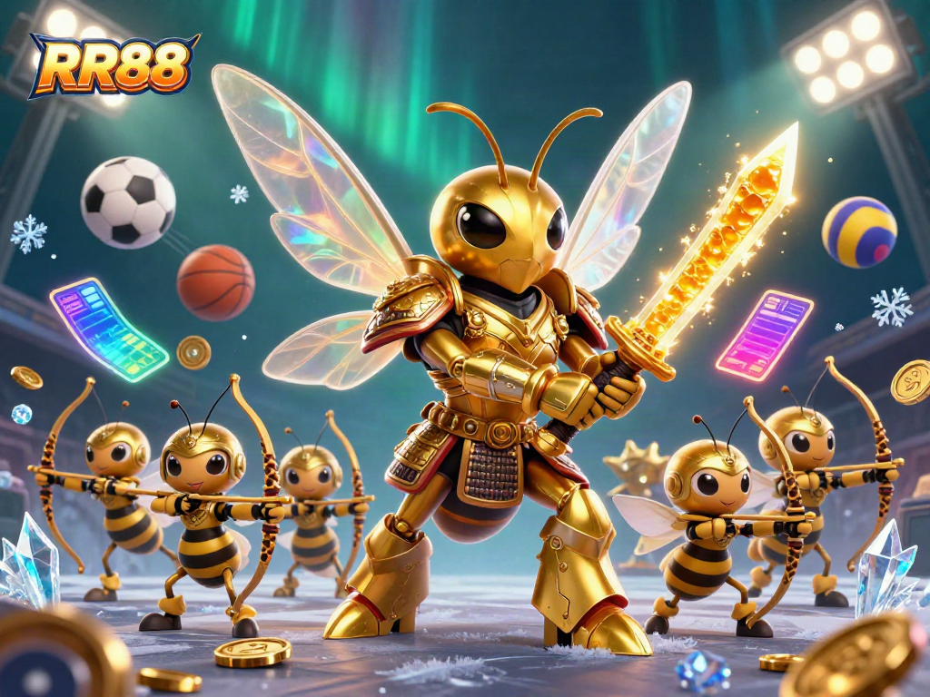 RR88 showcases a dynamic illustration of casino excitement with gaming elements and vibrant characters.