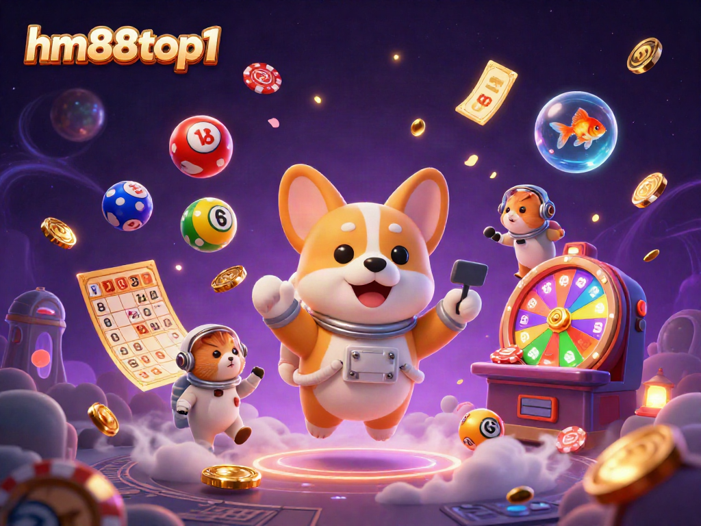 Experience thrilling gameplay at hm88top1 with a whimsical illustration of an astronaut corgi in a floating casino, bringing joy and excitement to players.