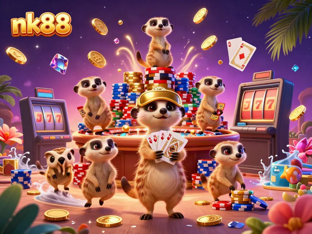 Engage with nk88's vibrant casino scene bursting with animated meerkats and dynamic gambling elements.