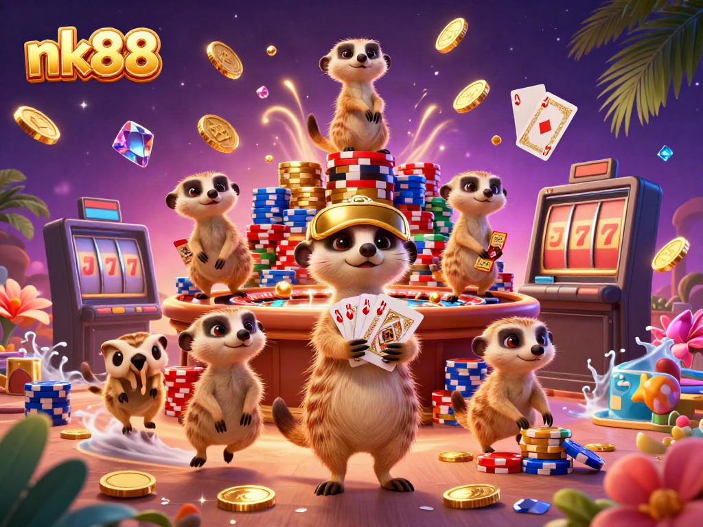 Engage with nk88's vibrant casino scene bursting with animated meerkats and dynamic gambling elements.