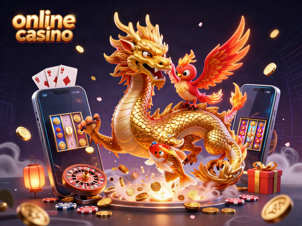 Experience the thrill of an online casino with a magical scene of dragons, coins, and games!