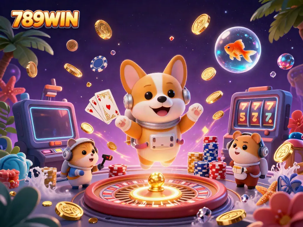 Experience the excitement of 789WIN with a lively casino scene featuring floating coins and fun characters.
