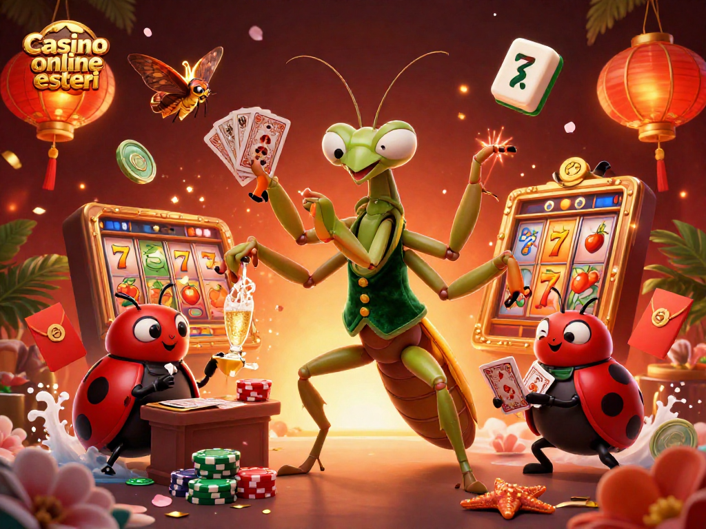 Giocare ai casino online esteri con un mantide e una coccinella in una scena vivace.