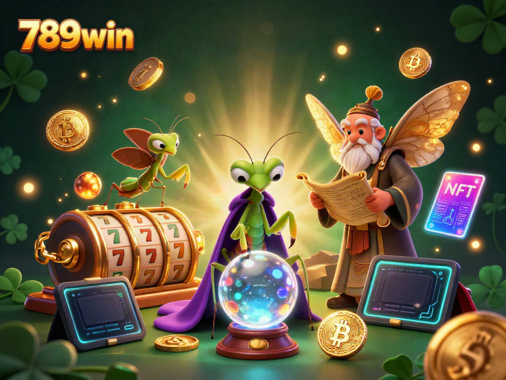 Explore the magic of 789win with a fortune teller and librarian surrounded by slot reels and crypto coins.