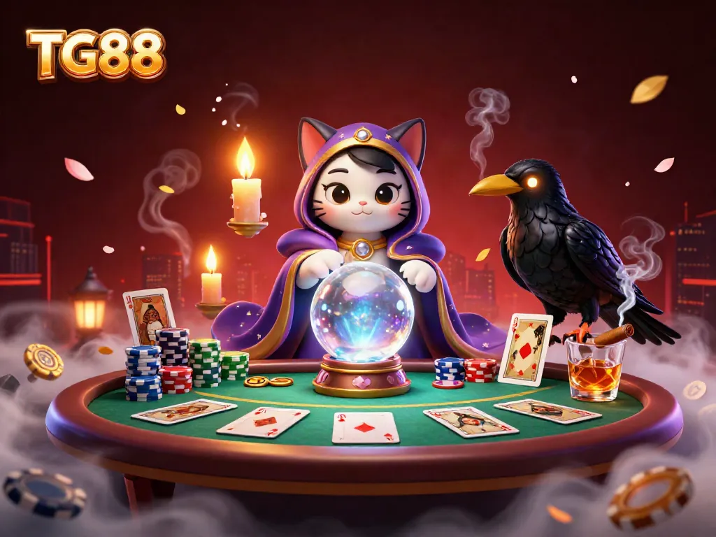 Engage with TG88 casino's vibrant poker scene featuring iconic fortune teller mystic cat and tarot raven.
