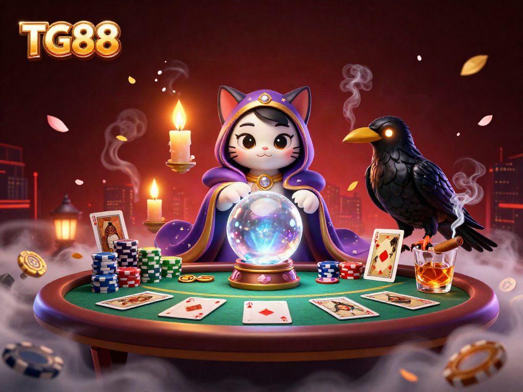 Engage with TG88 casino's vibrant poker scene featuring iconic fortune teller mystic cat and tarot raven.