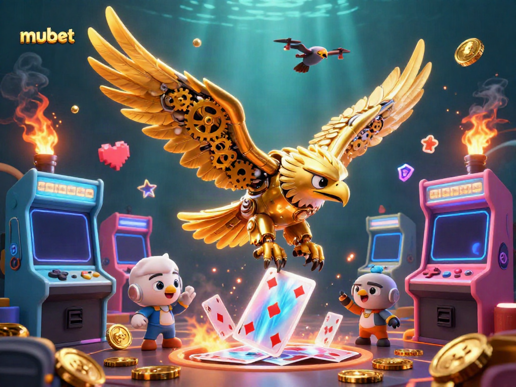 Engage in thrilling gaming with mubet as golden eagle dives through holographic playing cards.