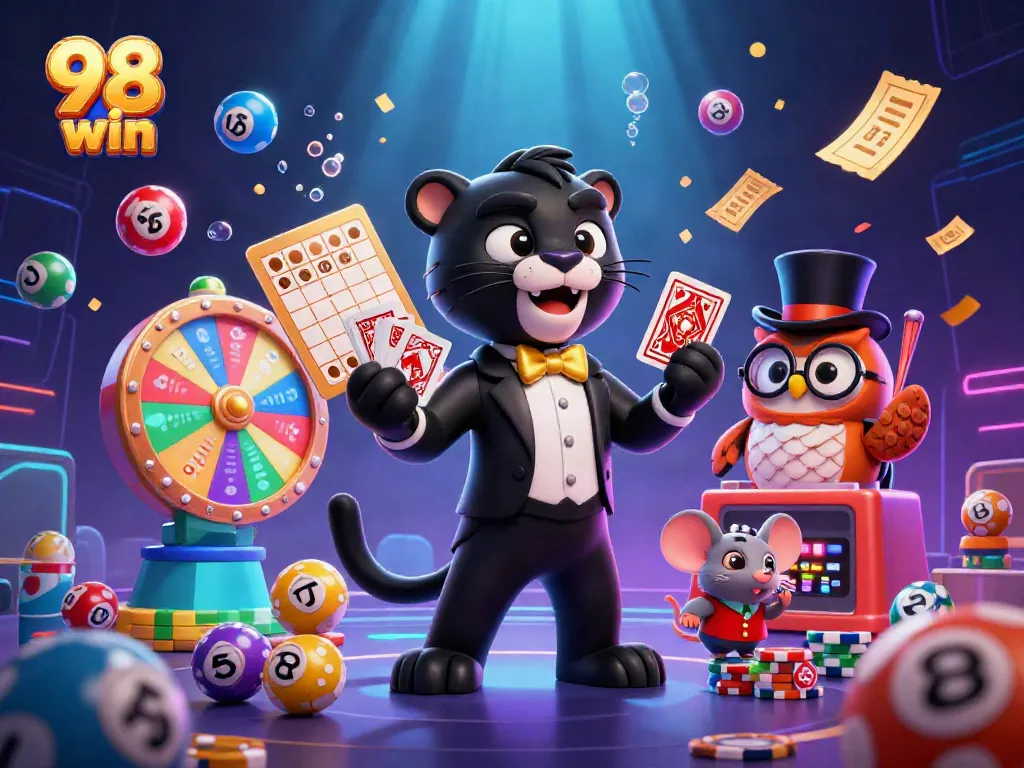 Experience the excitement of 98 win with a stylish panther dealing cards alongside a wise owl and lucky mouse.