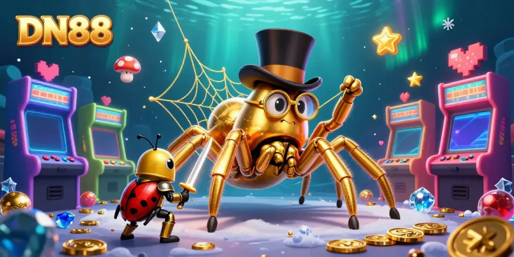 Engage in thrilling gameplay with DN88 in this dynamic casino scene featuring iconic characters and colorful game elements.