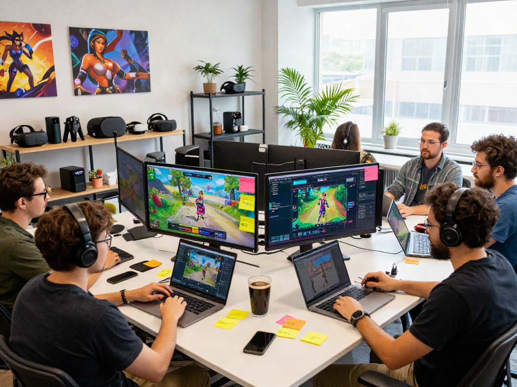 Creative team developing a vibrant porn game in a dynamic studio setting.
