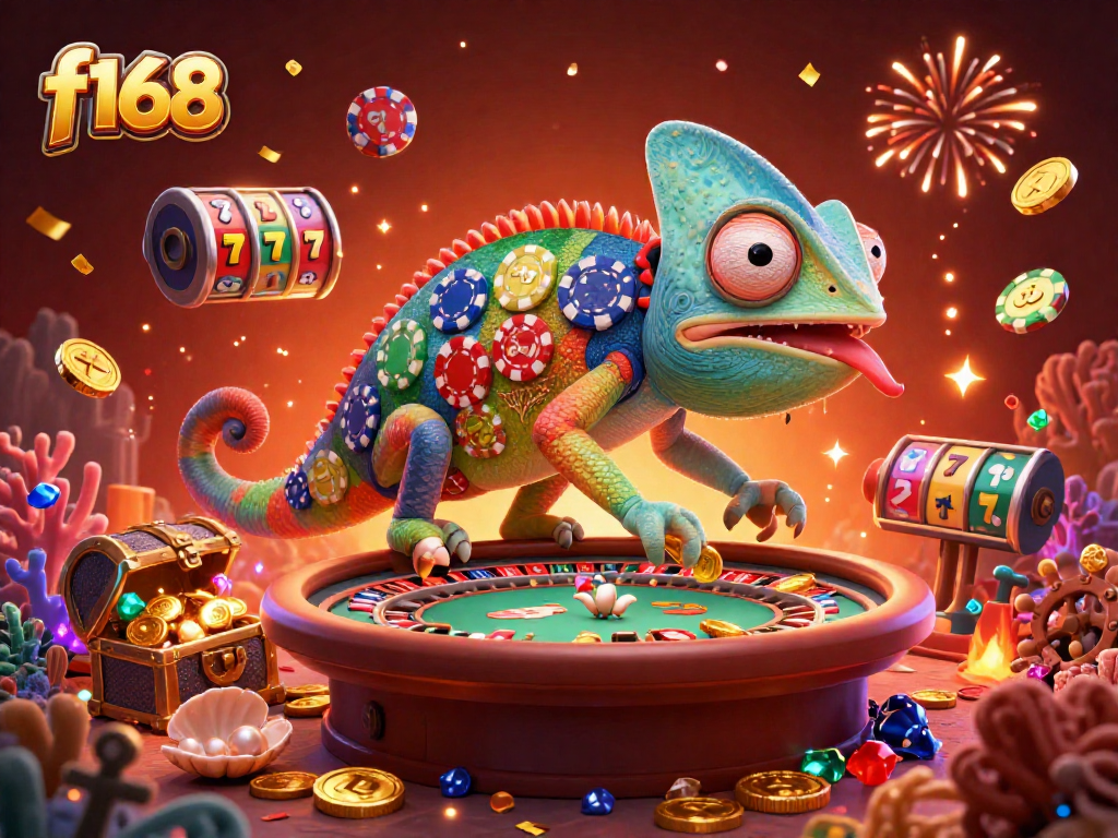 Experience the vibrant excitement of f168 with a playful chameleon casino owner amidst dynamic gaming elements.