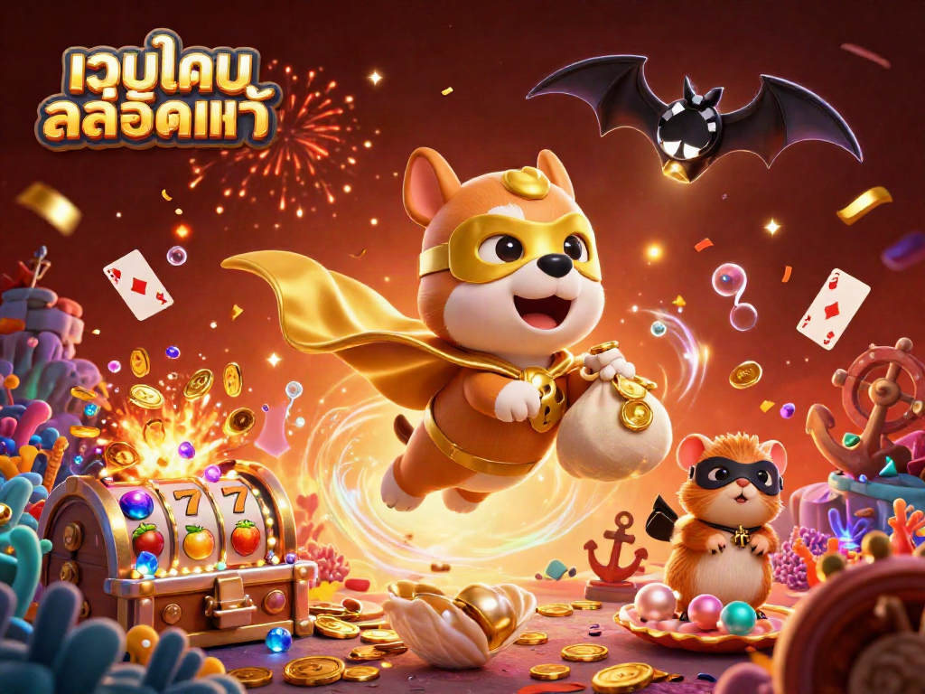 Experience the thrilling action of เว็บเกมสล็อตแท้ with a superhero dog and hamster amidst lively casino elements.