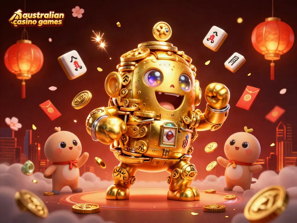 Play exciting australian casino games with a dynamic golden golem illustration amidst vibrant gaming elements.