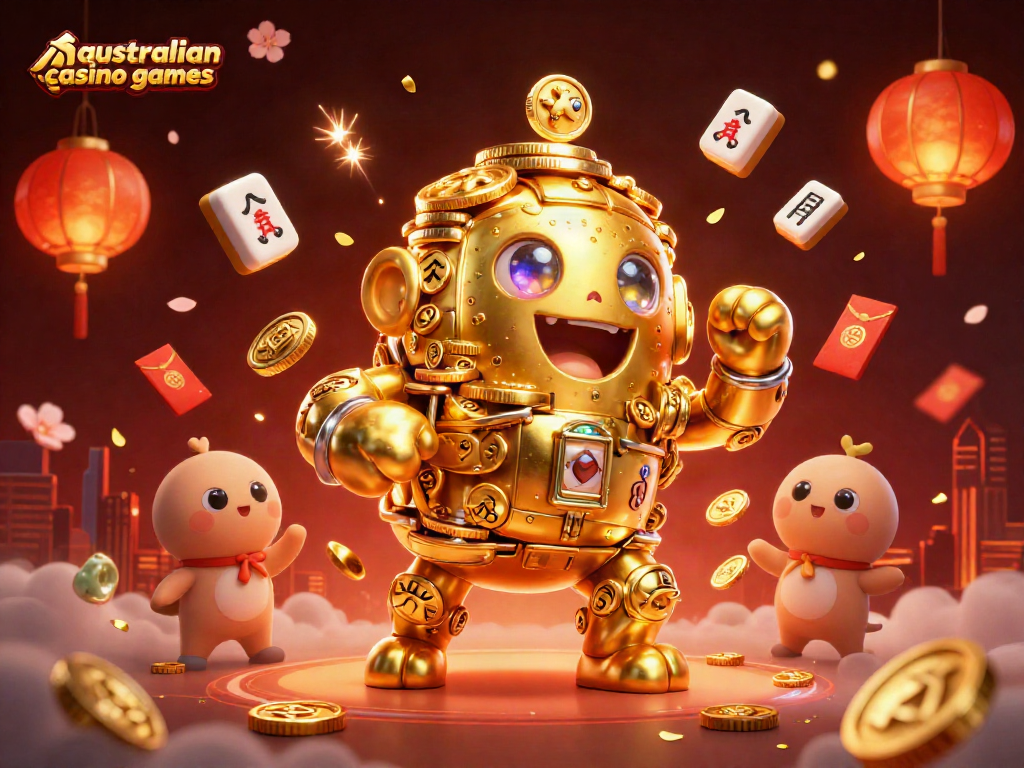 Play exciting australian casino games with a dynamic golden golem illustration amidst vibrant gaming elements.