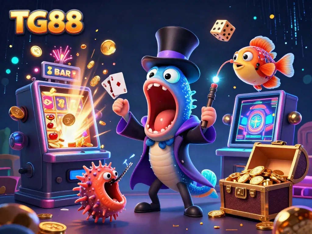 Experience thrilling wins at TG88 casino with vibrant characters and a lively jackpot scene.