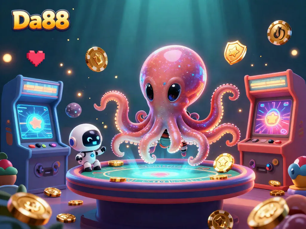 Join the excitement at Da88 with a playful alien octopus operating a holographic poker table in an immersive casino scene.