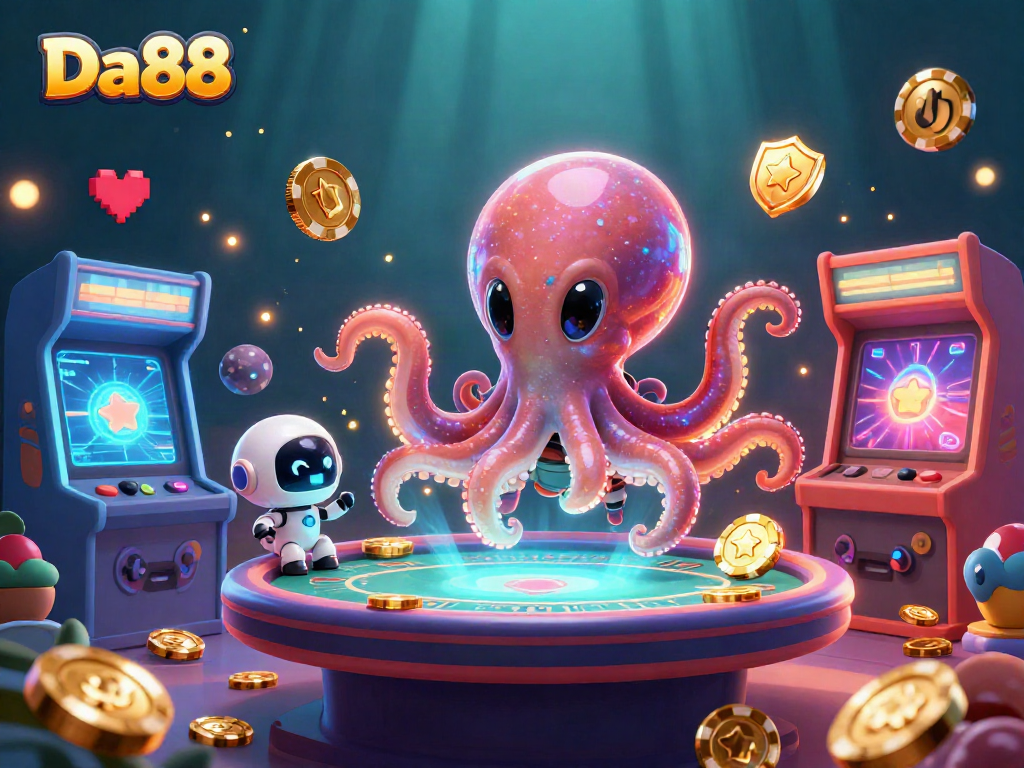 Join the excitement at Da88 with a playful alien octopus operating a holographic poker table in an immersive casino scene.