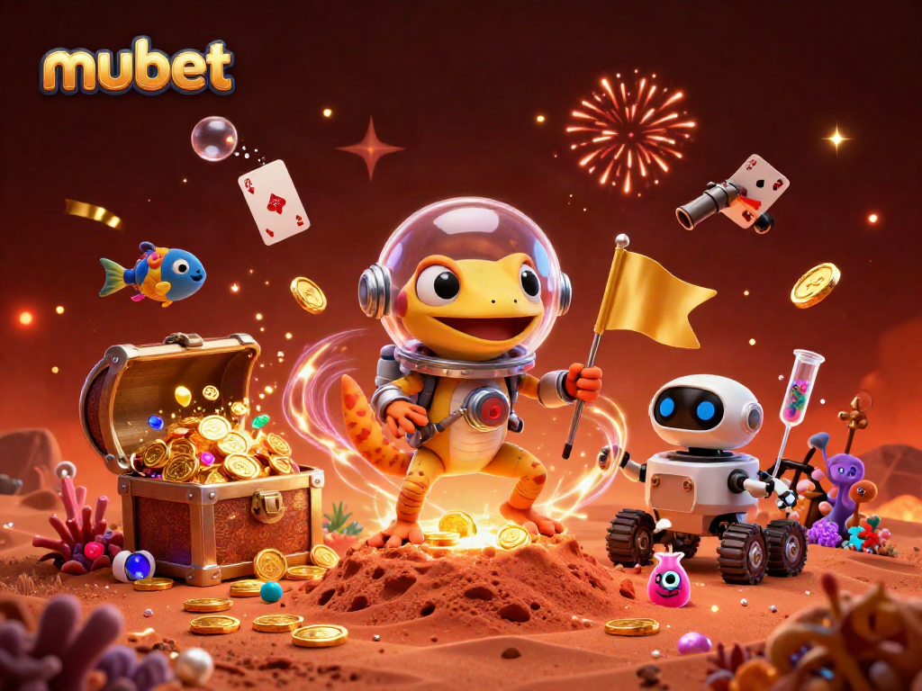 Experience excitement at mubet with a Martian gecko discovering a gold casino amidst vibrant treasures and celebrations.