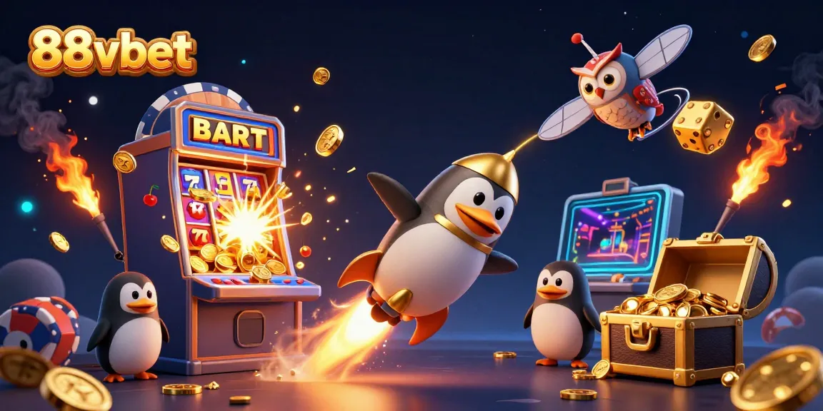 Win big at 88vbet with a dynamic casino-themed illustration featuring a penguin and jackpot elements.