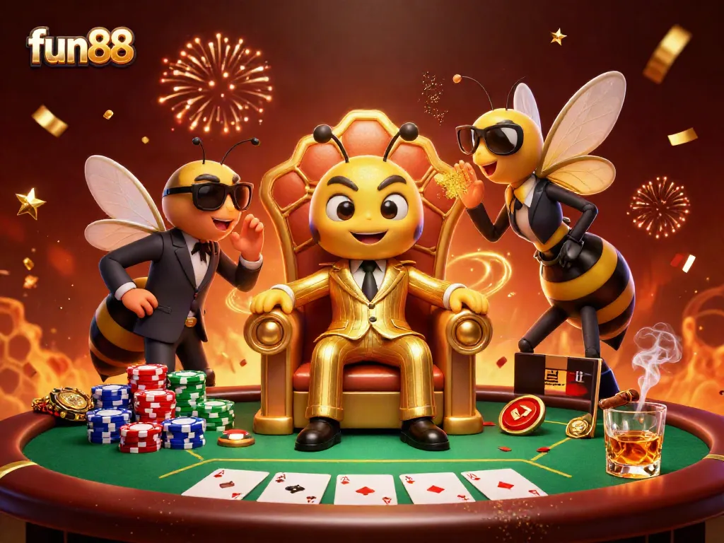 Play at fun88 with a vibrant bumblebee mob boss overseeing an exciting poker scene.