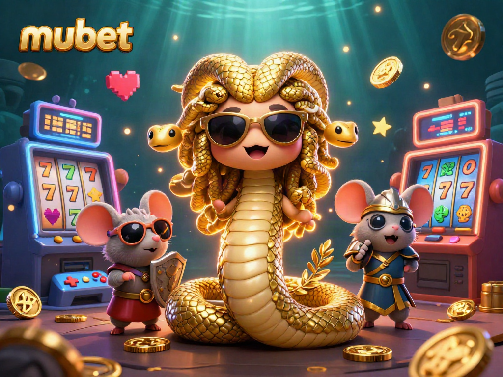 Engage with mubet's casino gameplay featuring Medusa and a warrior mouse amidst vibrant slot machines and glowing gold coins.