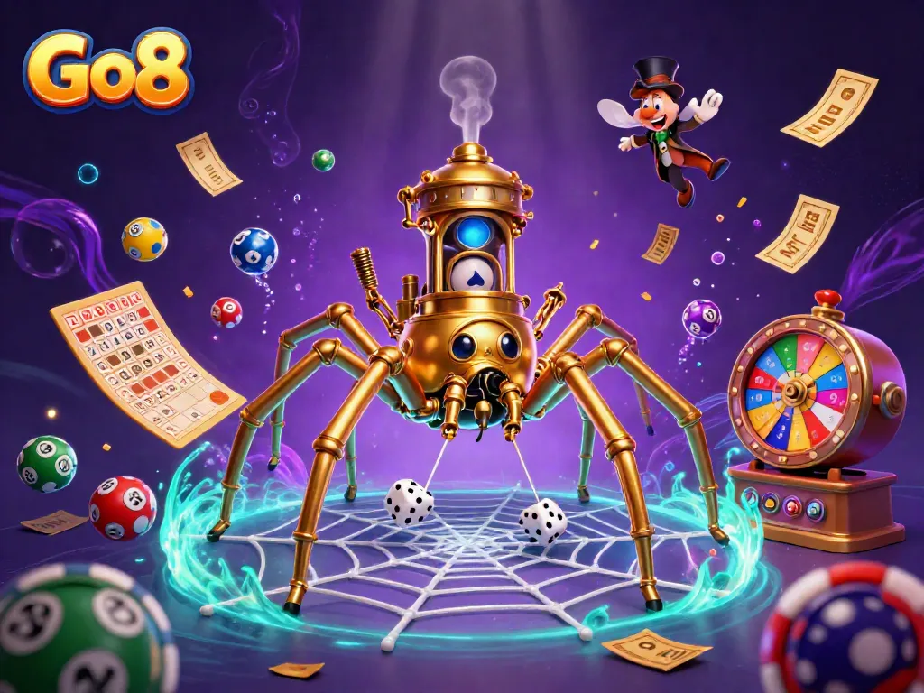 Engage in thrilling gameplay with Go8's vibrant casino illustration featuring dynamic elements and captivating characters.