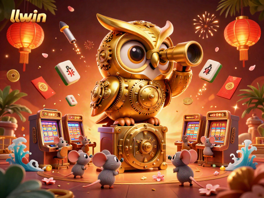 Experience the excitement of gaming at llwin with a vibrant casino floor illustration featuring a clockwork owl and whimsical mice.