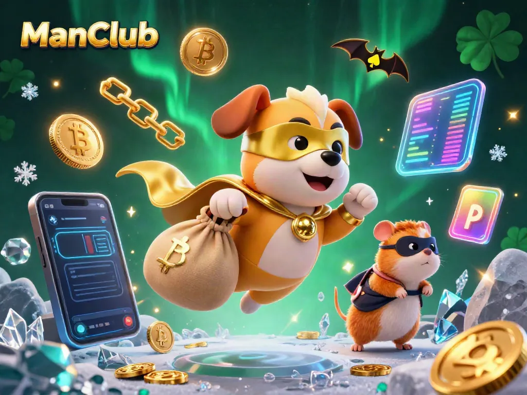 Engage with the thrilling ManClub casino experience, where the superhero dog flies with gold coins amidst vibrant crypto elements.