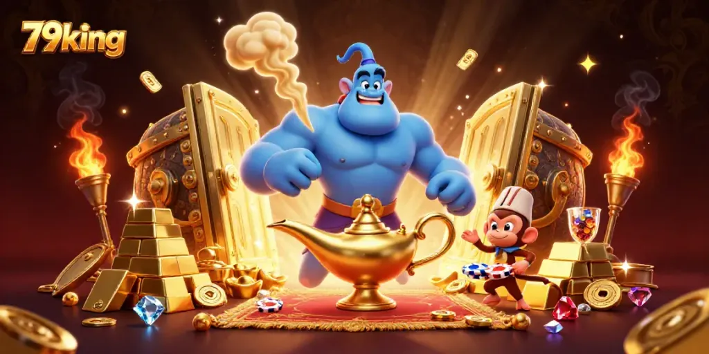 Experience the wealth of 79king with a magical genie, treasure, and poker chips in a vibrant casino scene.