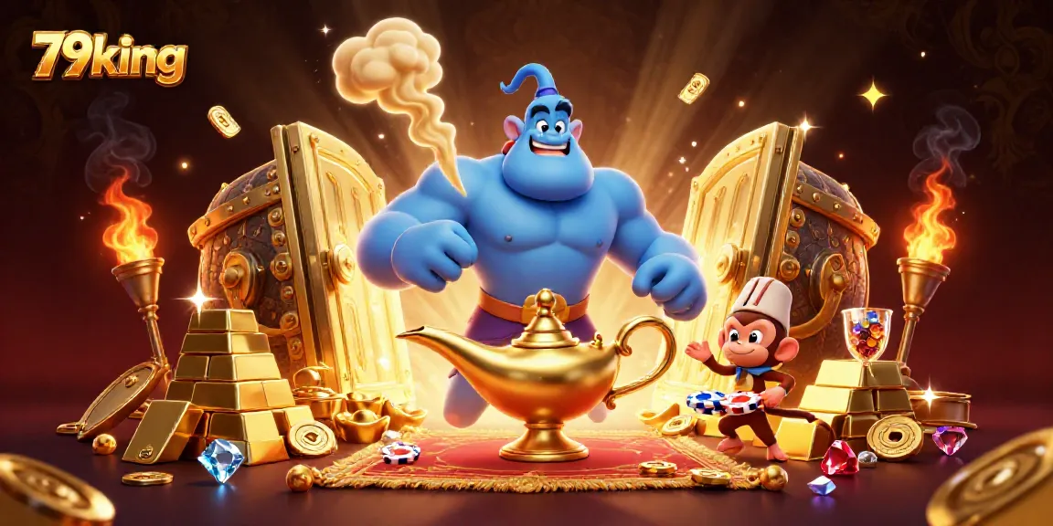 Experience the wealth of 79king with a magical genie, treasure, and poker chips in a vibrant casino scene.