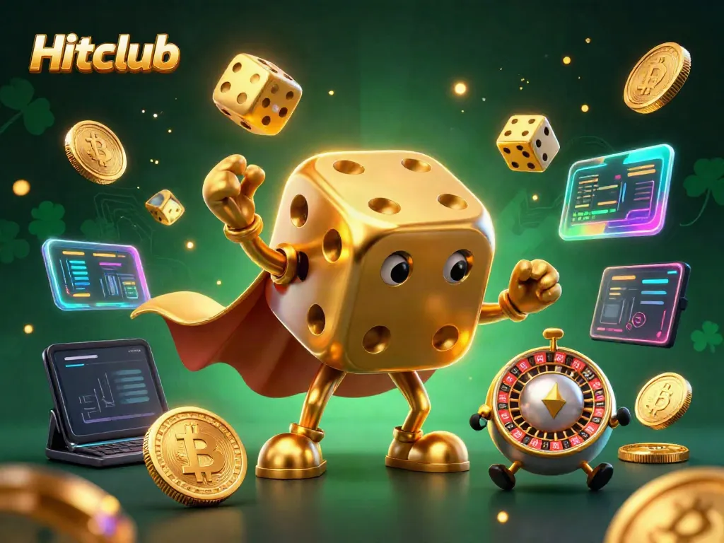 Experience thrilling gameplay at Hitclub with a golden dice golem and crypto elements in a vibrant casino atmosphere.