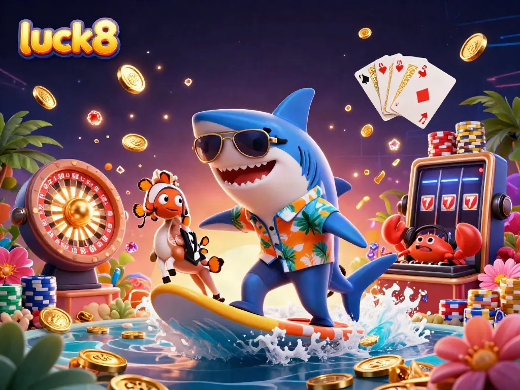Surge into the excitement of luck8 with a vibrant scene of a hammer-head shark and playful sea creatures amid a rush of gold and bright casino elements.