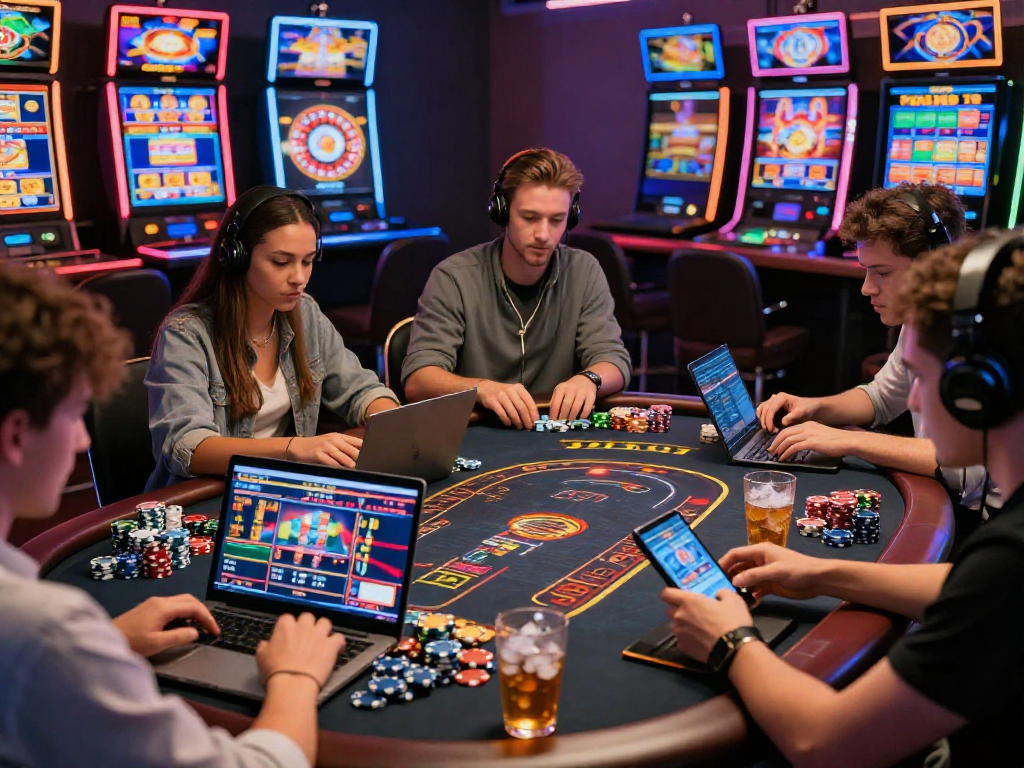 Giocatori entusiasti che provano il casino online esteri su laptop e smartphone in un ambiente vivace e luminoso.