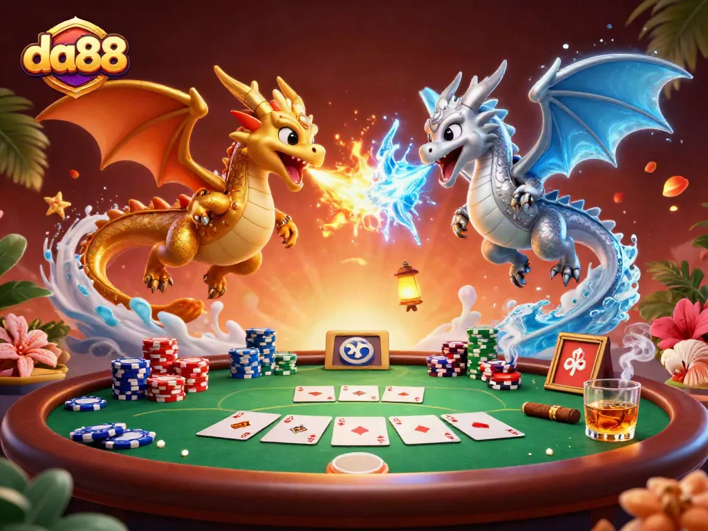 Engage with da88 poker action featuring 3D dragons and vibrant casino elements.